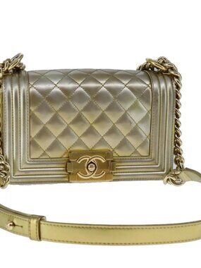 CHANEL Matelasse Chain Boy Chanel Shoulder Bag Patent Gold CC Auth 106721SAM